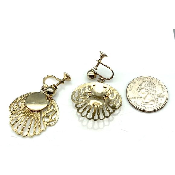 Vintage Filigree Plume Earrings, Lacy Gold Tone Art Deco Clip Ons - Picture 5 of 5